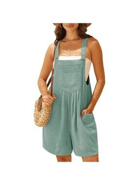 Women Green Rompers Summer Wide Leg Short Overalls Adjustable Strap Bib Jumpsuit
